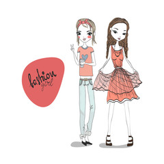 Wall Mural - Two Fashion Girl Illustration Wearing Fashionable and Stylish Clothes: Jeans, T-Shirt, Fancy Dress. Isolated Fashion Illustration for Magazines