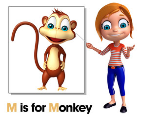 Wall Mural - Kid girl poiniting Monkey