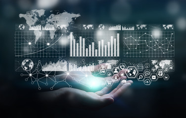 Poster - Businesswoman holding digital graph interface 3D rendering