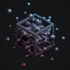 Poster - Abstract 3d rendering of chaotic liquid in cube. Background with dynamic fluid splash. Design element.