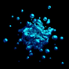 Poster - Abstract 3d rendering of chaotic low poly liquid. Background with dynamic polygonal fluid splash. Design element.