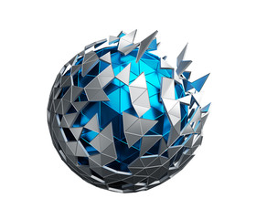 Poster - Abstract 3d rendering of low poly sphere with chaotic structure. Sci-fi background with polygonal shape in empty space. Futuristic design.