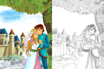 Cartoon scene with cute princes in the forest near the castle - beautiful manga girl - with coloring page - illustration for children