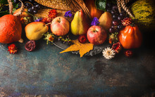 Fall Fruits And Vegetables On Dark Rustic Wooden Background, Top View,border. Autumn Harvest Concept.