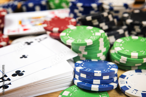 Poker cards and gambling chips background. Cards concept. плакат