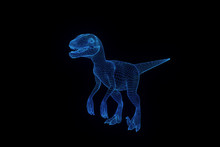 Dinosaur Raptor In Hologram Wireframe Style. Nice 3D Rendering
