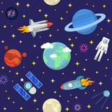 Fototapeta Kosmos - Space Research Vector Seamless Pattern Background with Shuttle and Planets