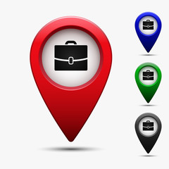 Poster - Colored map pointer with symbol portfolio, job search, offer a job. For location maps. Mark icon. Sign for navigation. Index location on map. Pointer location. Vector isolated illustration.