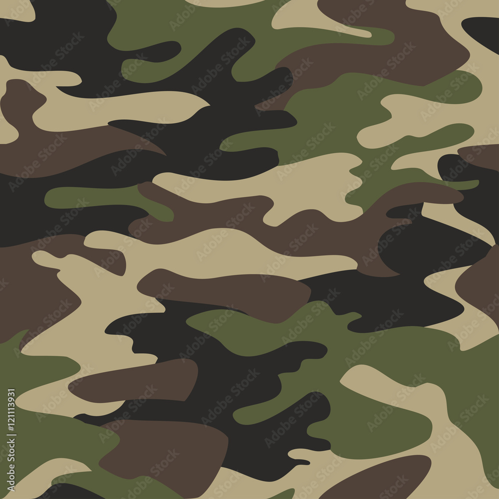 Camouflage pattern background seamless vector illustration. Classic clothing style masking camo repeat print. Green brown black olive colors forest texture - obrazy, fototapety, plakaty 