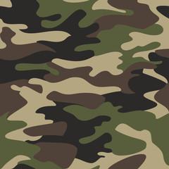 Camouflage pattern background seamless vector illustration. Classic clothing style masking camo repeat print. Green brown black olive colors forest texture