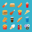 Food and drink flat icons. Fastfood or junk food take out lunch vector elements