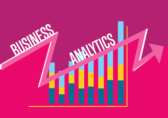 Sticker - Business finance analytics banner with graphic report on perpl background. Vector illustration concept of analyzing financial indicators. Business growth, market research and strategy planning