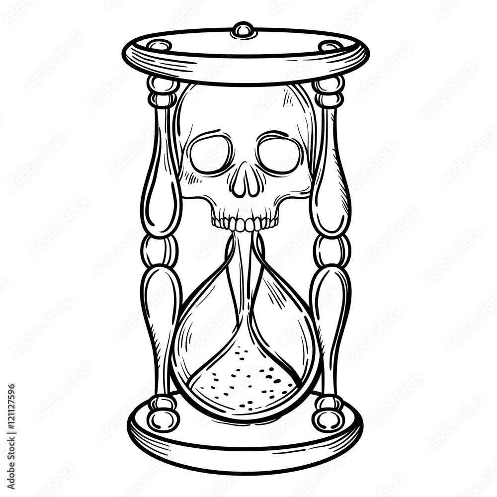 Vetor do Stock Decorative antique death hourglass illustration with skull.  Hand drawn tarot card. Sketch for dotwork tattoo, hipster t-shirt design,  vintage style posters. Coloring book for kids and adults. | Adobe, image size:1000x1000
