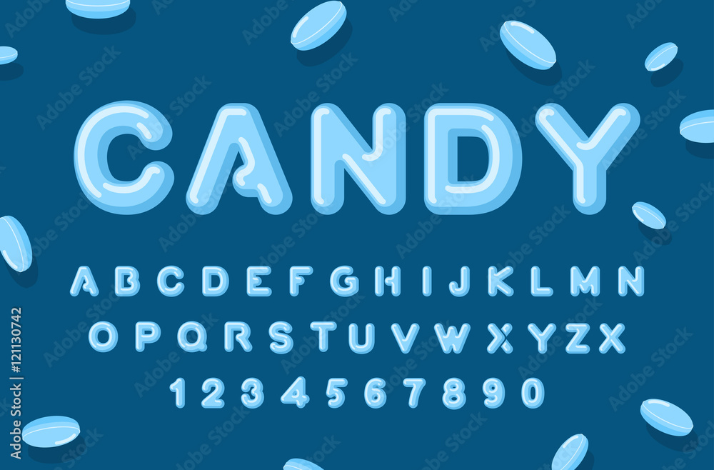 Candy font. ABC of caramel. Sweet alphabet. Blue letters. Lollip Stock ...