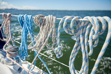 Close Up Of Mooring Rope On Sailboat Or Yacht