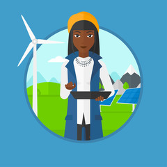 Sticker - Female worker of solar power plant and wind farm.