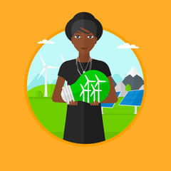 Sticker - Woman holding lightbulb with wind turbines inside.