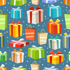 Poster - Different color gift boxes seamless pattern. Vector design eleme