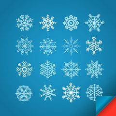Poster - Different white snowflakes set on blue. Design elements