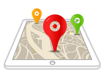 Poster - Modern gadget with abstract city map and color pionters