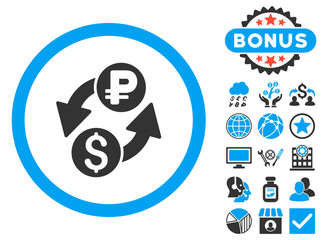 Wall Mural - Dollar Rouble Exchange icon with bonus symbols. Vector illustration style is flat iconic bicolor symbols, blue and gray colors, white background.