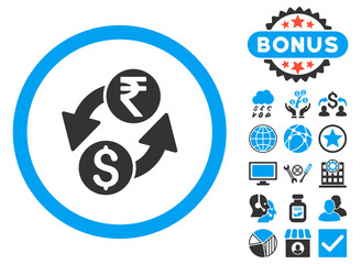 Wall Mural - Dollar Rupee Exchange icon with bonus symbols. Vector illustration style is flat iconic bicolor symbols, blue and gray colors, white background.
