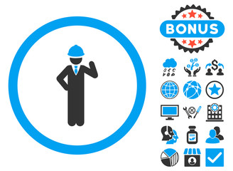 Engineer icon with bonus pictures. Vector illustration style is flat iconic bicolor symbols, blue and gray colors, white background.