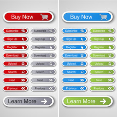 Poster - Vector buttons for website or app. Button - Buy now, Subscribe, Sign Up, Register, Download, Upload, Search, Next, Previous, Learn More