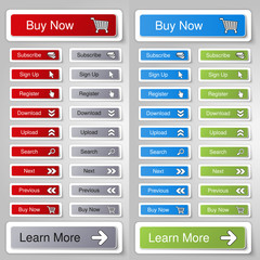 Poster - Vector buttons for website or app. Button - Buy now, Subscribe, Sign Up, Register, Download, Upload, Search, Next, Previous, Learn More