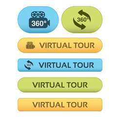 Fototapete - Vector buttons for virtual tour, blue, green and orange labels - stickers with arrows and camera