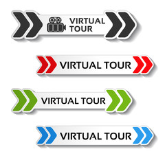 Fototapete - Vector buttons for virtual tour, black, red, green and blue labels - stickers with arrows
