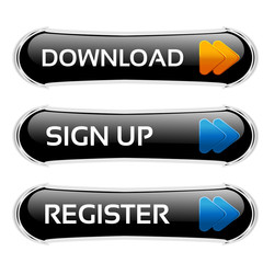 Poster - Vector download, sign up and register black buttons with arrows - labels on the white background