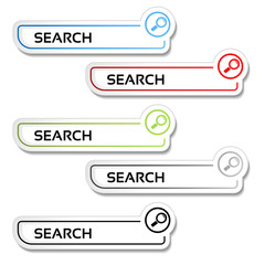 Poster - Vector search buttons, stickers with magnifier symbol - labels on the white background