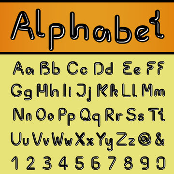 Vector own black font alphabet - simple letters and numbers, ampersand and at-sign symbol