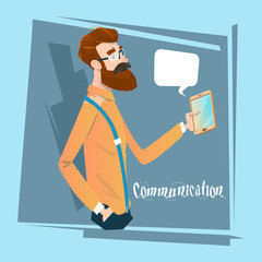 Poster - man chatting texting, businessman using cell smart phone social network communication