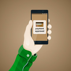 Fototapete - Proof of purchase. Electronic payments. Hand with phone vector illustration in flat style. Man's hand holding a phone concept. Online commerce. Payment approved vector clipart.