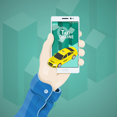 Fototapete - Phone in hand vector illustration in flat style. Man's hand holding a phone concept.  Order a taxi online. Service for travel. 3d yellow taxi on white phone screen
