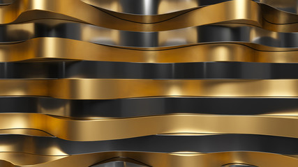 Poster - Abstract 3d rendering of metalic waves. Randomly distorted metal surfaces. Wave displacement of relfective surface. 3d wave background.
