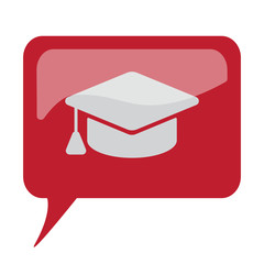 Wall Mural - Red speech bubble with white Graduation Cap icon on white backgr