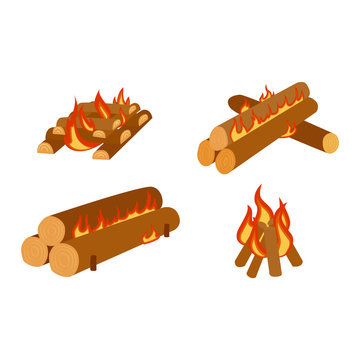 Isolated illustration of campfires logs burning bonfires. Bonfires on white background. Vector bonfire isolated and wood explosion glowing bonfire isolated. Red nature burning blazing power vector.