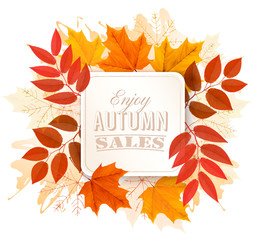 Fototapete - Autumn Sales Banner With Colorful Leaves. Vector.