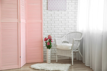 Sticker - Light room interior with pink folding screen