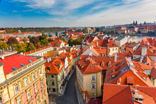 Panoramic Aerial View Of Old Narrow Streets In Prague City With