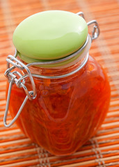 Wall Mural - Jar with fruit jam shot from above. Vertical shot