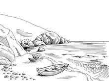 Sea Boat Graphic Art Black White Landscape Sketch  Illustration Vector
