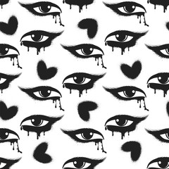 Wall Mural - seamless pattern with black grunge hearts and tearful eyes. vector illustration