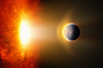 Wall Mural - burning hot planet approaches to bright red glowing star