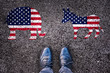 Legs on asphalt road, choice between with elephant and donkey, 2024 presidential american election, swing states concept