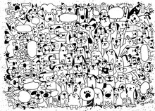 Animals. Cats And Dogs Vector Pattern. Hand Drawn Doodles Pets