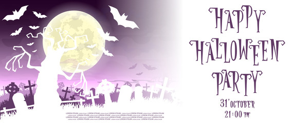 Halloween background. Silhouette scary monsters trees on old cemetery backdrop moon, bats and graves. Design for concept banner, poster, flyer, cards or invites on party. Cartoon style. Vector